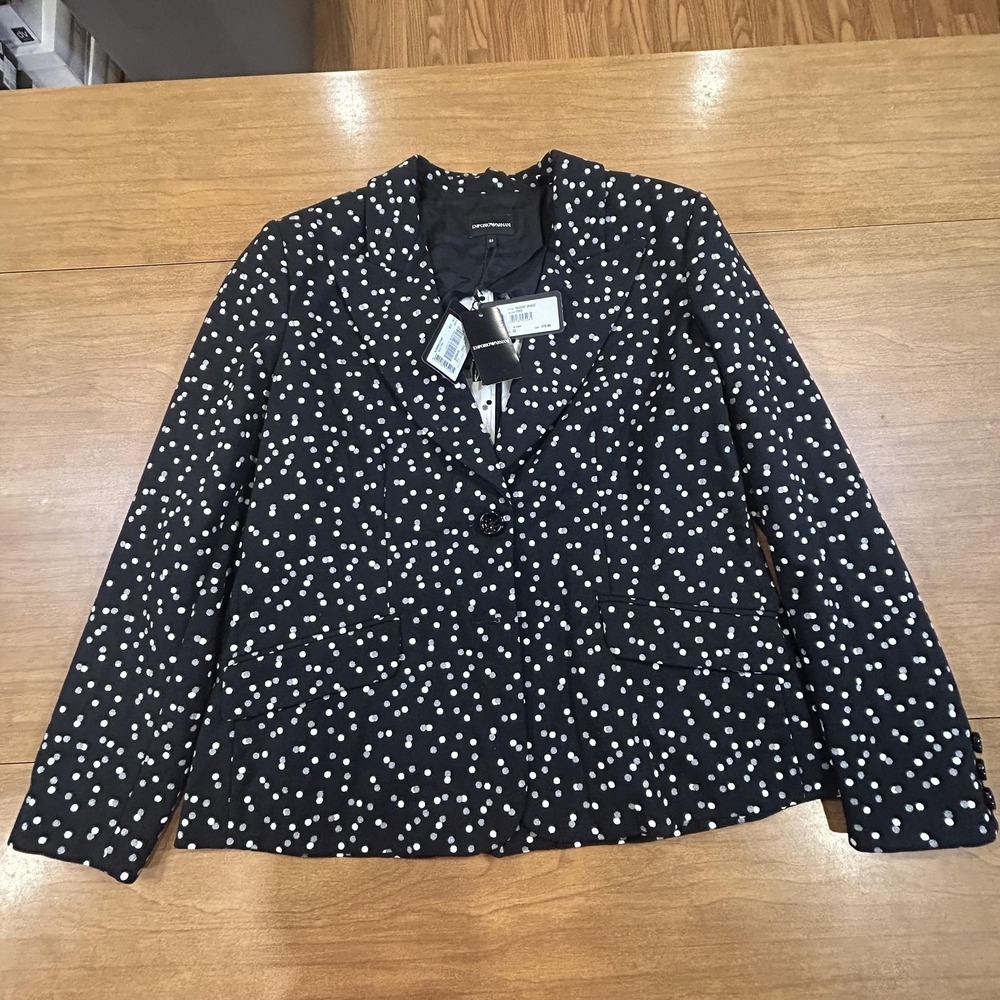 Emporio Armani Blazer Woman's EU 52 Black Polka Dot One Button Stretch Jacket